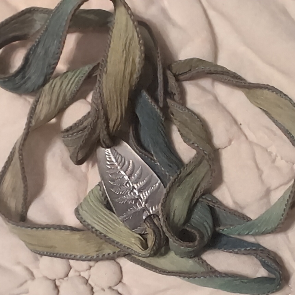 925 SS Fern Bracelet with silk ribbon ties